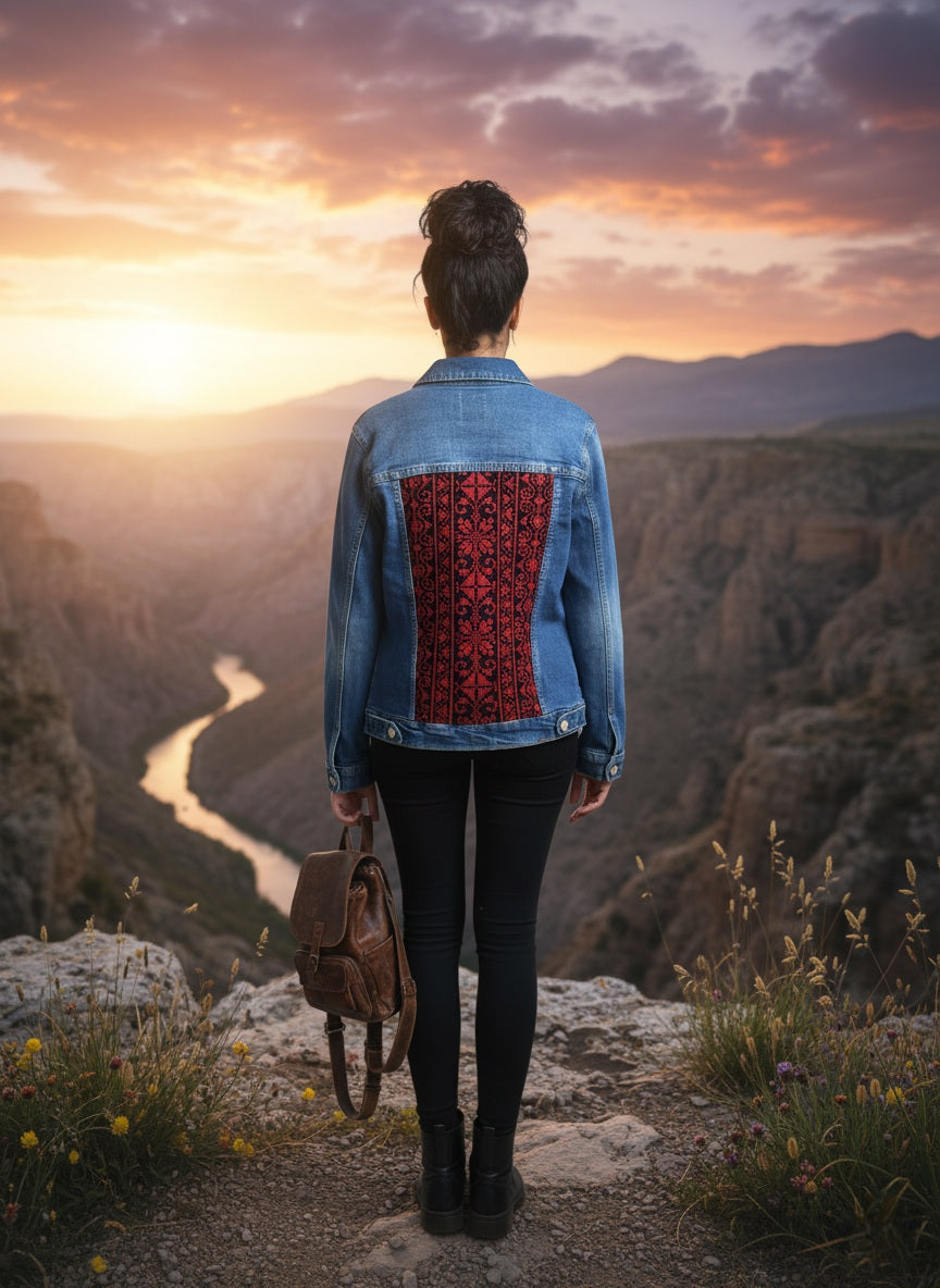 Embroidery denim jeans jacket dark blue