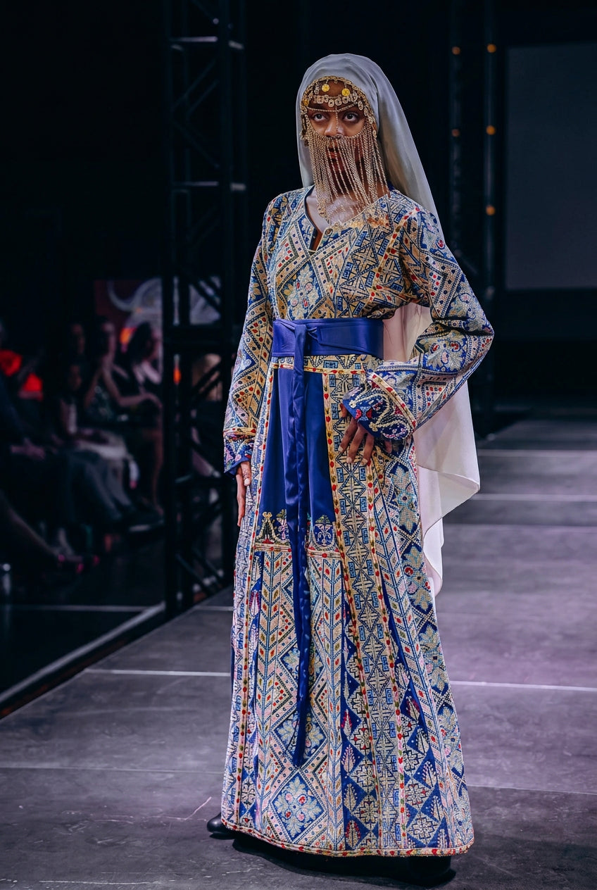A model walks the runway wearing a long, ornate traditional dress with intricate blue, gold, and beige geometric patterns, a solid royal blue sash at the waist, and a sheer white veil. The photo is taken on a fashion gala runway with a dark stage background and audience blurred in the shadows.