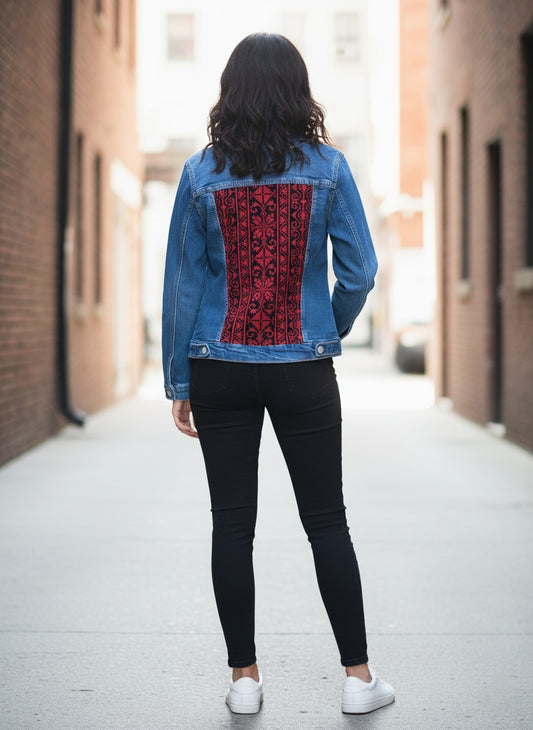 Embroidery denim jeans jacket dark blue