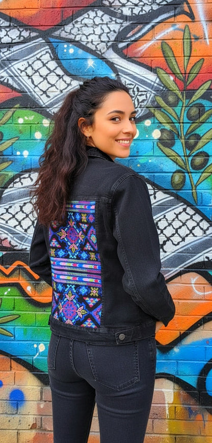 Embroidery denim jeans jacket black