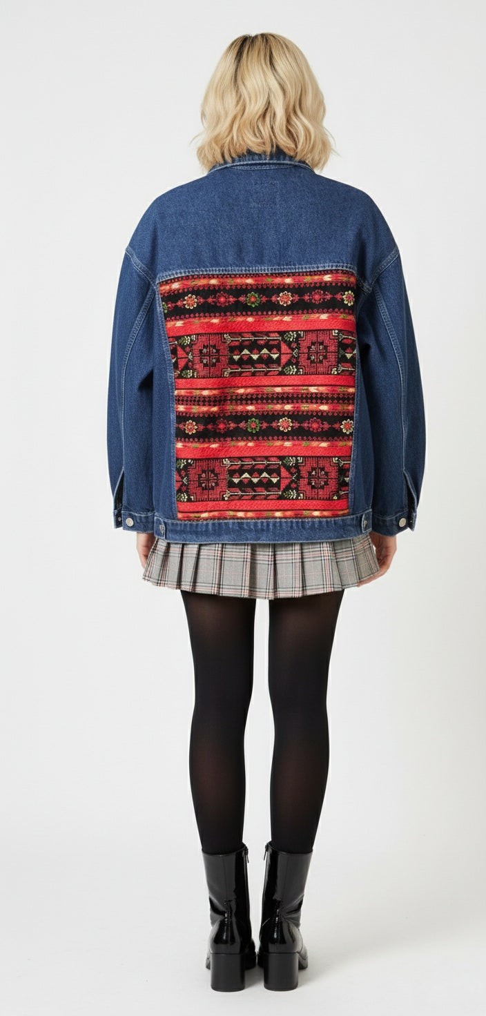 Embroidery denim jeans jacket dark blue