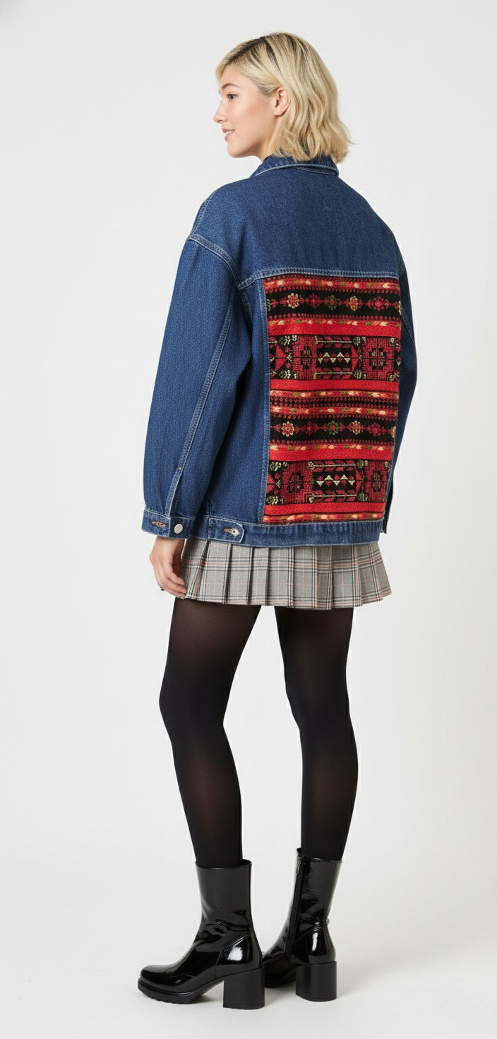 Embroidery denim jeans jacket dark blue