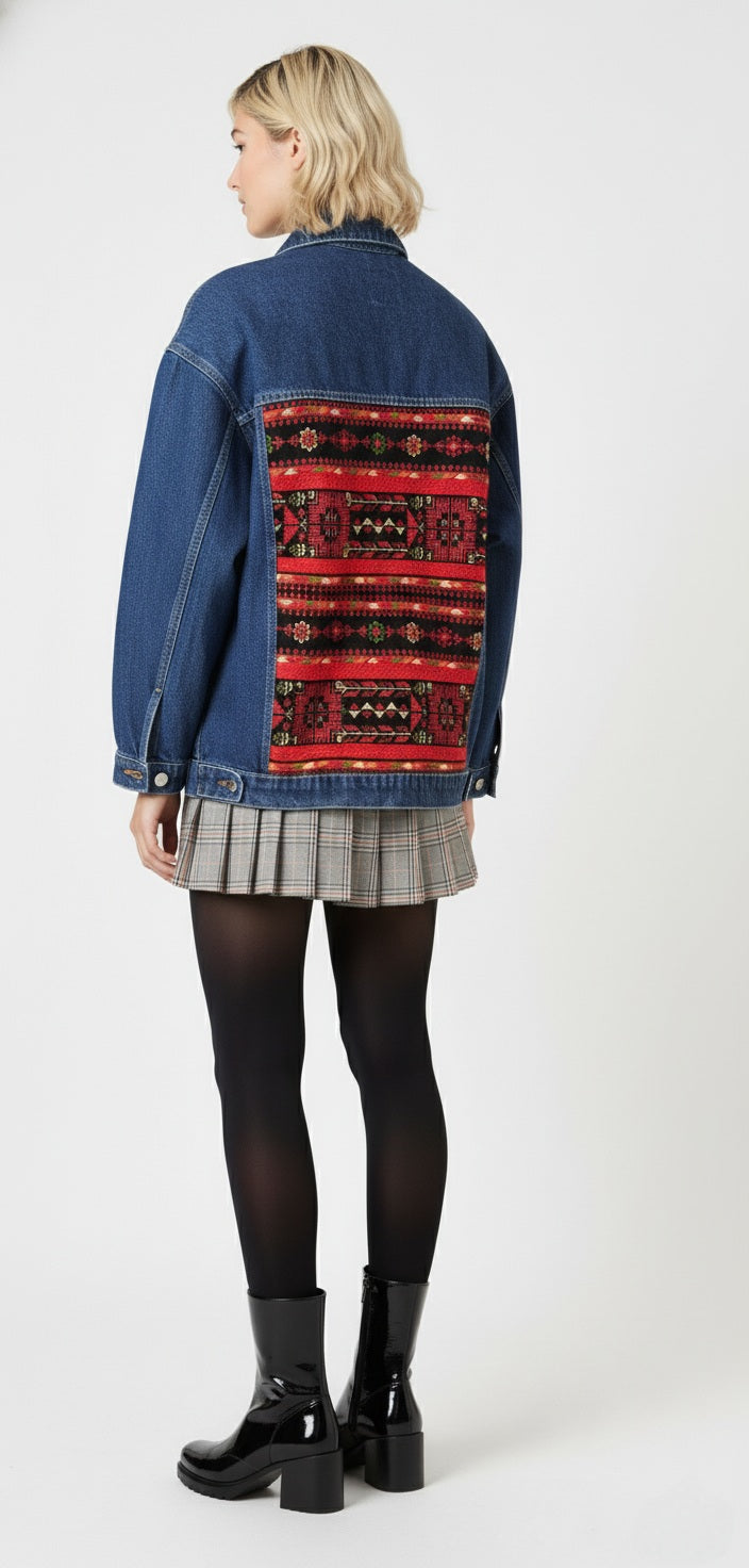 Embroidery denim jeans jacket dark blue